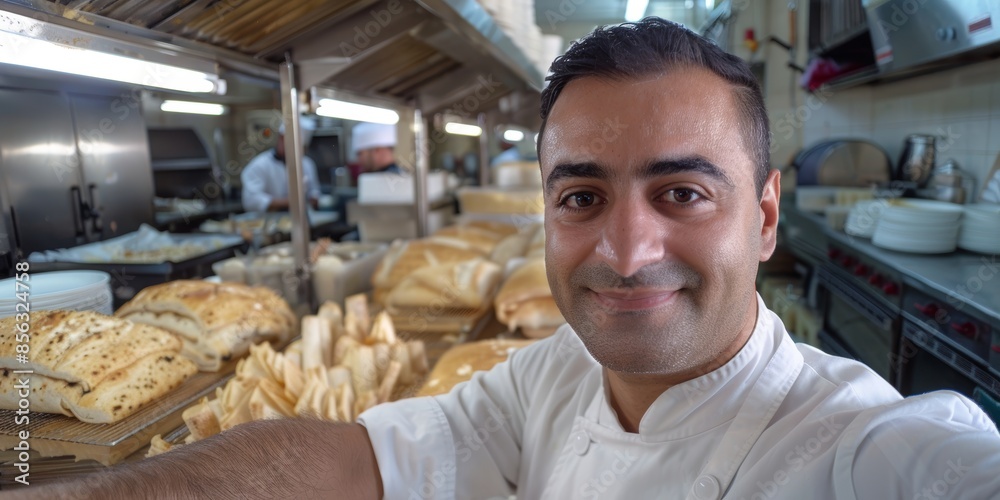 Middle Eastern male chef in white uniform taking a selfie in a bakery kitchen with bread in the background Middle Eastern male chef in white uniform taking a selfie in a bakery kitchen with bread in the background