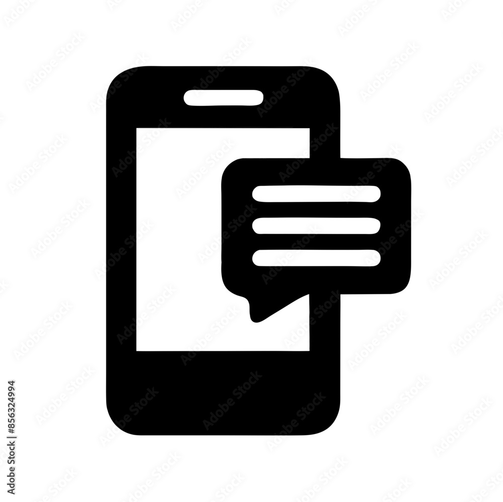 Black vector illustration of a cell phone with a chat bubble on a transparent background. Concept for digital communication, technology, messaging apps Black vector illustration of a cell phone with a chat bubble on a transparent background. Concept for digital communication, technology, messaging apps