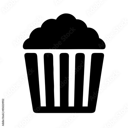 Black vector illustration of popcorn in a box with a striped design, perfect for cinema and snack concepts, on a transparent background