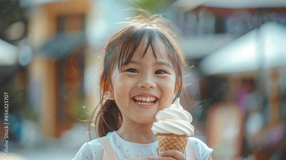 An Asian Girl Enjoys An Ice Cream Cone, Her Face Lighting Up With Delight An Asian Girl Enjoys An Ice Cream Cone, Her Face Lighting Up With Delight