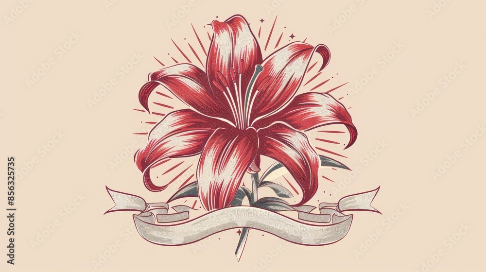 Royal Lily Flower Emblem with Ribbon and Flags in Retro Style Label Royal Lily Flower Emblem with Ribbon and Flags in Retro Style Label