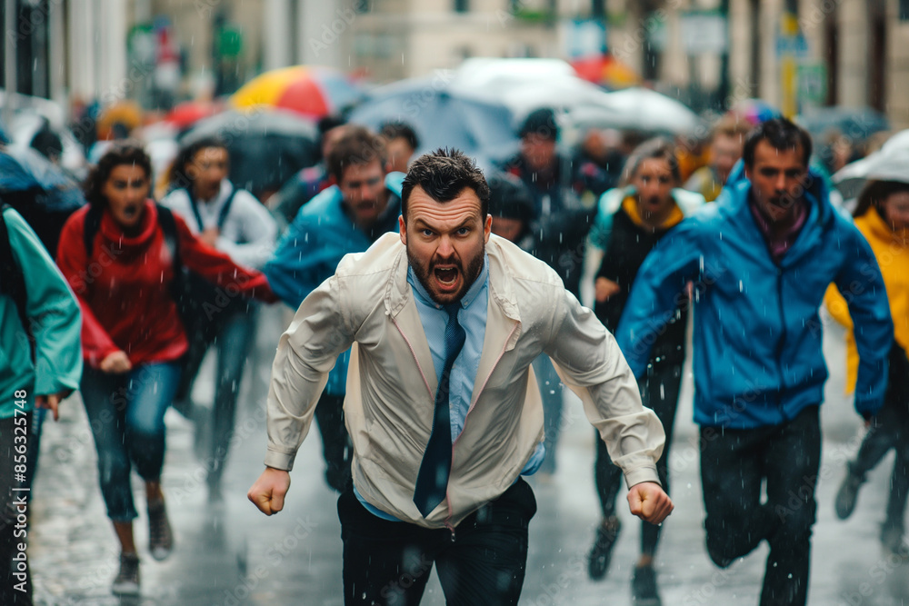 Men running in the rain on a busy city street Men running in the rain on a busy city street
