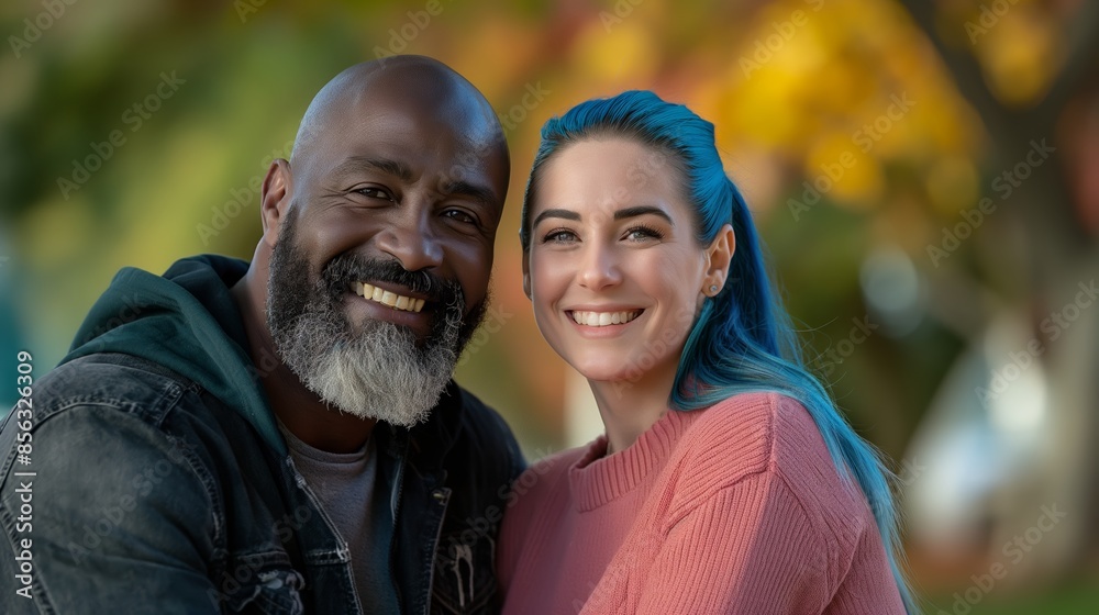 Middle-aged man with beard and smiling woman with blue hair sitting on a bench in a park, she in pink sweater, he in black jacket, afternoon light, minimalistic background Middle-aged man with beard and smiling woman with blue hair sitting on a bench in a park, she in pink sweater, he in black jacket, afternoon light, minimalistic background