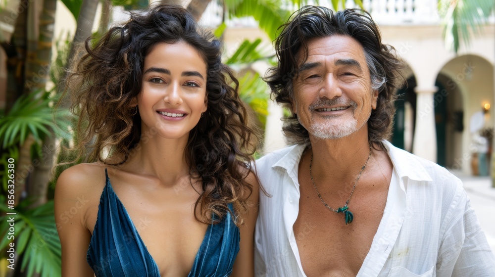 Middle-aged woman with long curly hair and a smiling man with black hair holding hands and walking in a park, she is in a blue dress, he is in a white shirt, afternoon light Middle-aged woman with long curly hair and a smiling man with black hair holding hands and walking in a park, she is in a blue dress, he is in a white shirt, afternoon light