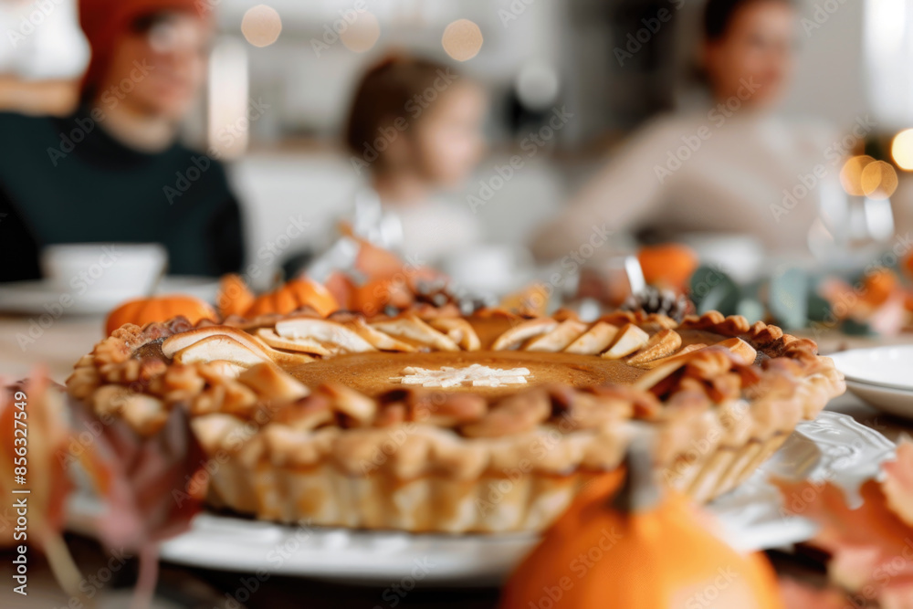 Thanksgiving family dinner. Traditional pumpkin pie and vegan meal close up, with blurred happy people around the table celebrating the holiday. Thanksgiving family dinner. Traditional pumpkin pie and vegan meal close up, with blurred happy people around the table celebrating the holiday.
