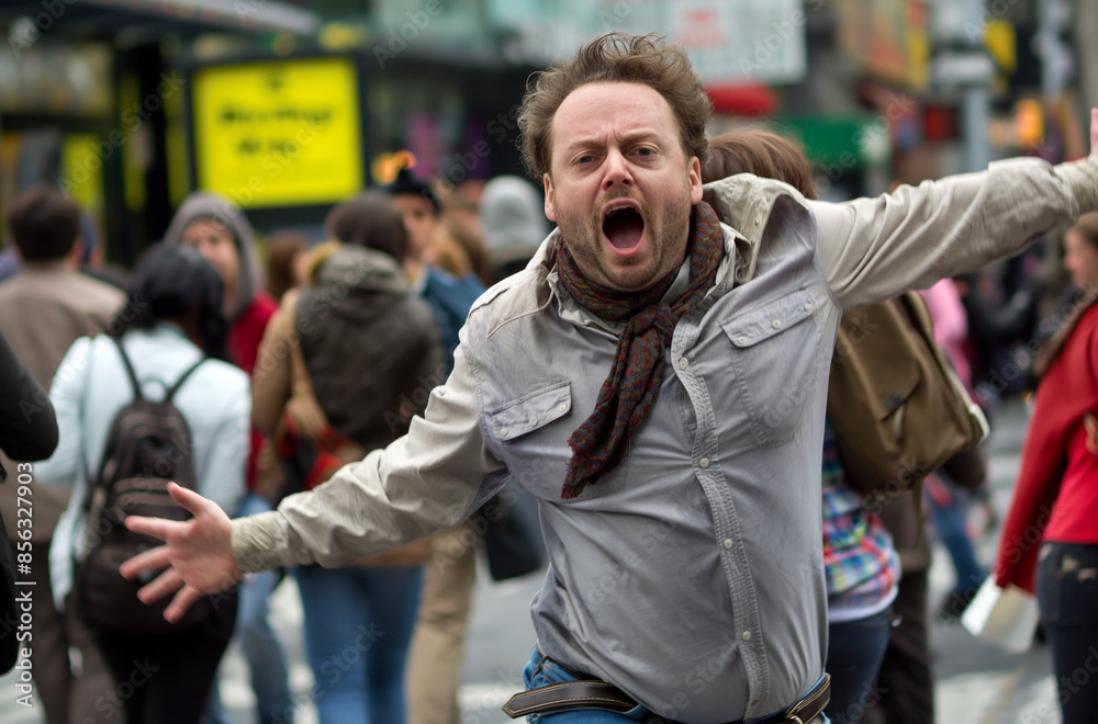 Obraz premium Man with arms outstretched in a crowded city street