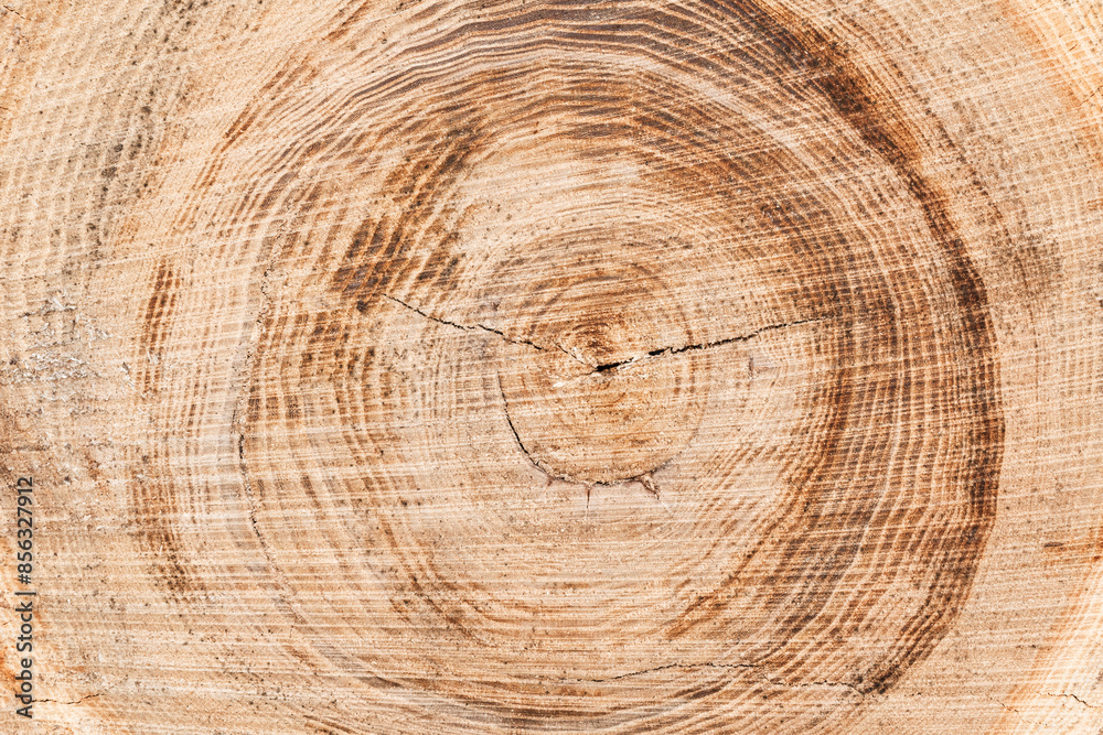Naklejka premium Background cross-section of a log with contrasting rings and cracks. Abstract wood texture