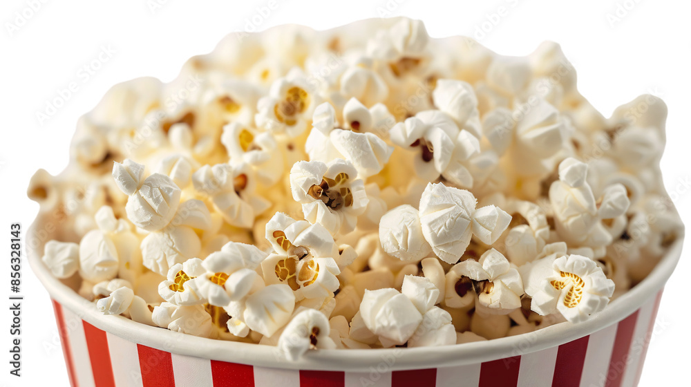 striped popcorn cup full of popcorn Close up isolated on white background, generative ai , movie time