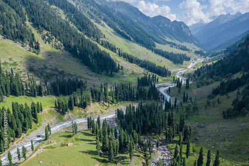 Foto A river runs through a green forest in the Himalayas, highlighting its natural b