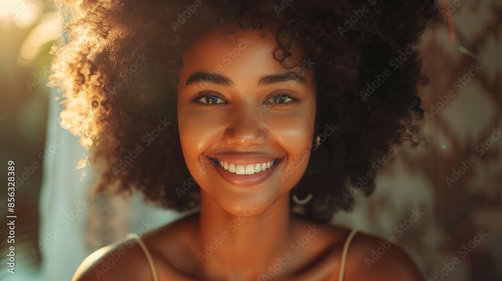 A Beautiful Afro Woman Smiles Confidently, Her Face Glowing With Pride A Beautiful Afro Woman Smiles Confidently, Her Face Glowing With Pride