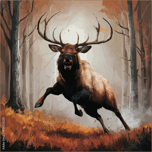 An enraged elk patterned with Native symbols tears through a fiery autumn forest leaving powerful hoof prints and hints of tribal magic
