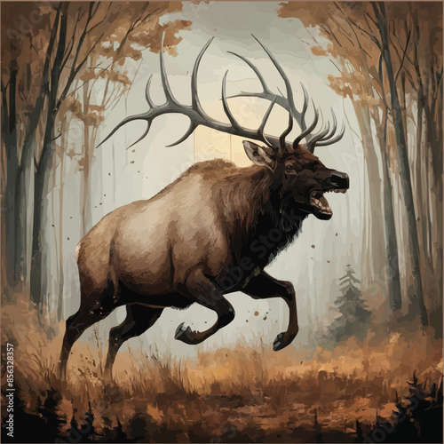 An enraged elk patterned with Native symbols tears through a fiery autumn forest leaving powerful hoof prints and hints of tribal magic