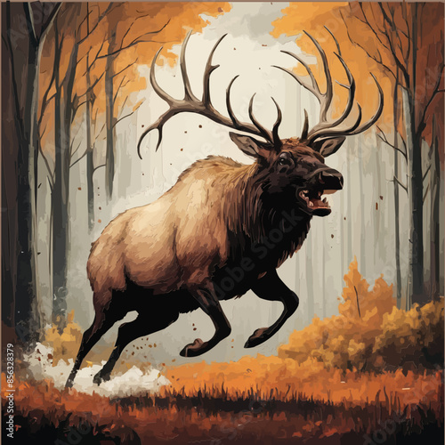 An enraged elk patterned with Native symbols tears through a fiery autumn forest leaving powerful hoof prints and hints of tribal magic