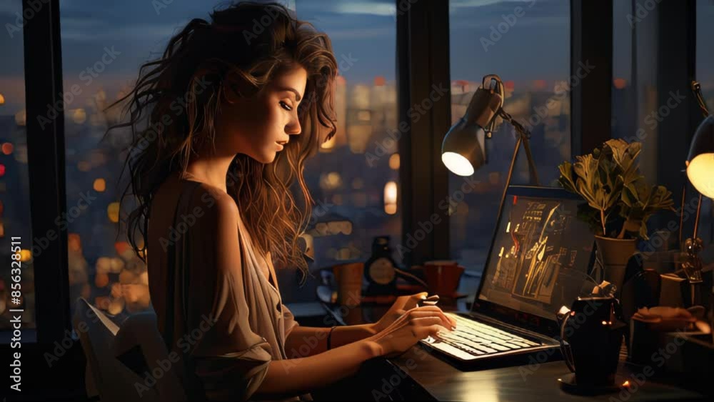 Beautiful woman businesswoman works in the office at the computer laptop Beautiful woman businesswoman works in the office at the computer laptop