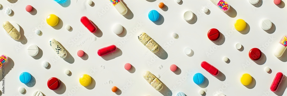 Close-up shot of colorful pills and capsules on a white surface, highlighting texture and details, creating a clinical feel. Generative AI Close-up shot of colorful pills and capsules on a white surface, highlighting texture and details, creating a clinical feel. Generative AI