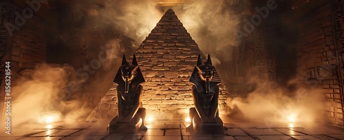 Anubis of Ancient Egypt (God of Death). Dark abstract Egyptian background, dark room with smoke, pyramid, rays of light - Generative AI