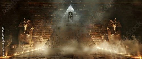 Anubis of Ancient Egypt (God of Death). Dark abstract Egyptian background, dark room with smoke, pyramid, rays of light - Generative AI