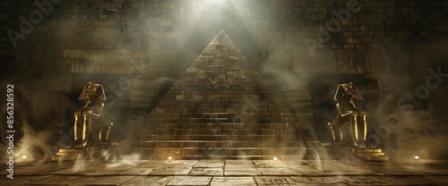 Anubis of Ancient Egypt (God of Death). Dark abstract Egyptian background, dark room with smoke, pyramid, rays of light - Generative AI