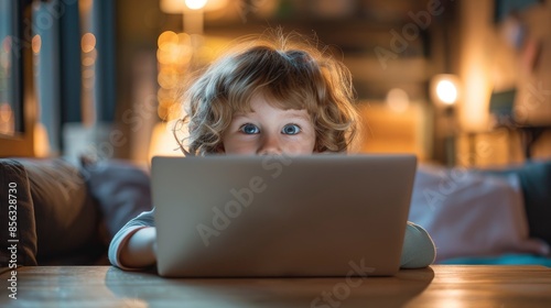 A Child Happily Uses A Laptop For Remote Learning At Home, Their Face Filled With Curiosity And Engagement
