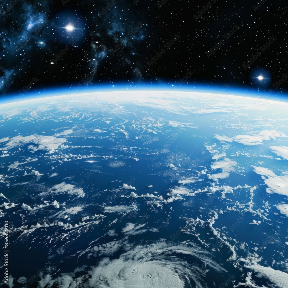 Fototapeta premium Amazing blue planet earth with ocean, clouds and continents in open space on the starry sky