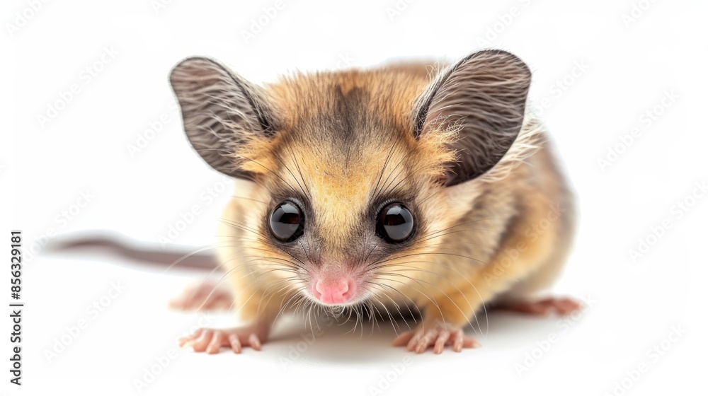 Obraz premium Cute baby possum with big ears joyfully smiling, displaying grace on a white backdrop, wild animals concept, banner