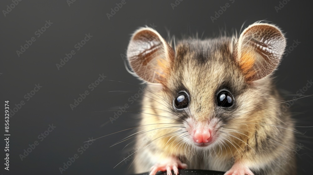 Adorable baby possum portrait with large ears in playful pose on dark background, wild animals concept, banner, empty space Adorable baby possum portrait with large ears in playful pose on dark background, wild animals concept, banner, empty space