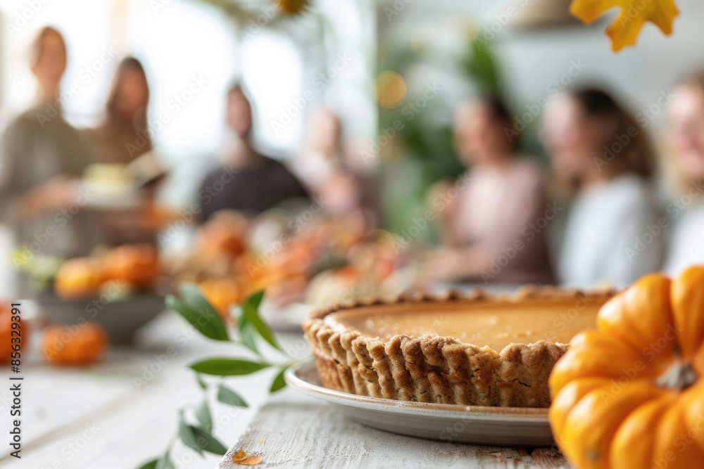 Thanksgiving family dinner. Traditional pumpkin pie and vegan meal close up, with blurred happy people around the table celebrating the holiday. Thanksgiving family dinner. Traditional pumpkin pie and vegan meal close up, with blurred happy people around the table celebrating the holiday.