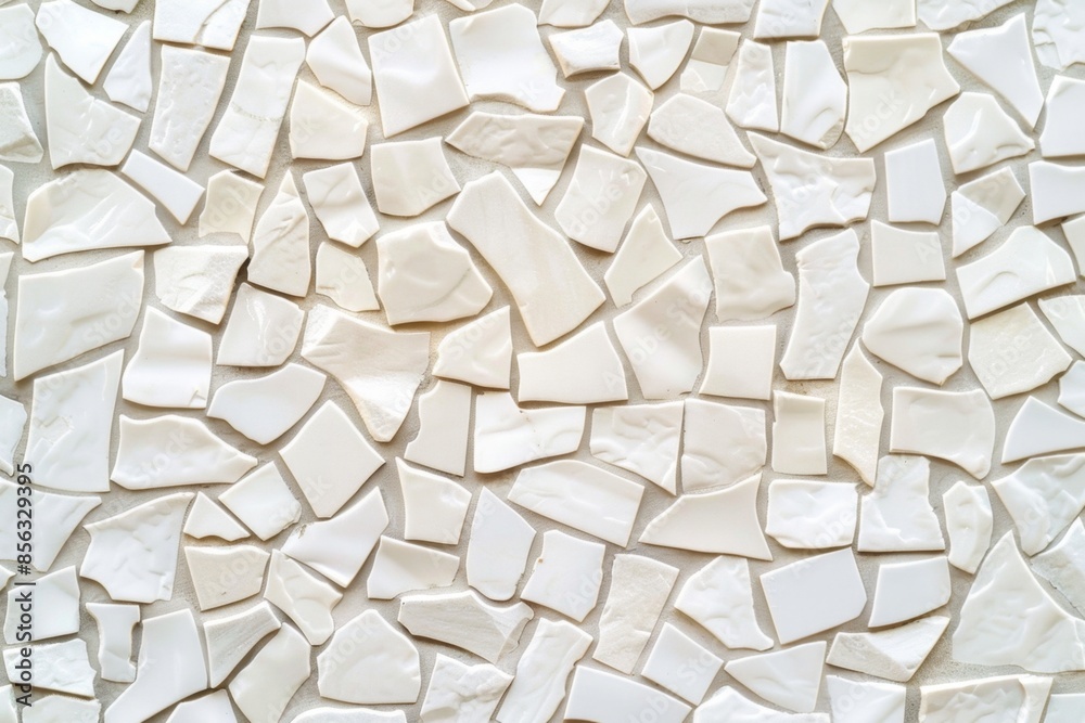 Irregular shaped white ceramic pieces are creating a beautiful and abstract mosaic pattern on a wall, perfect for backgrounds and textures Irregular shaped white ceramic pieces are creating a beautiful and abstract mosaic pattern on a wall, perfect for backgrounds and textures