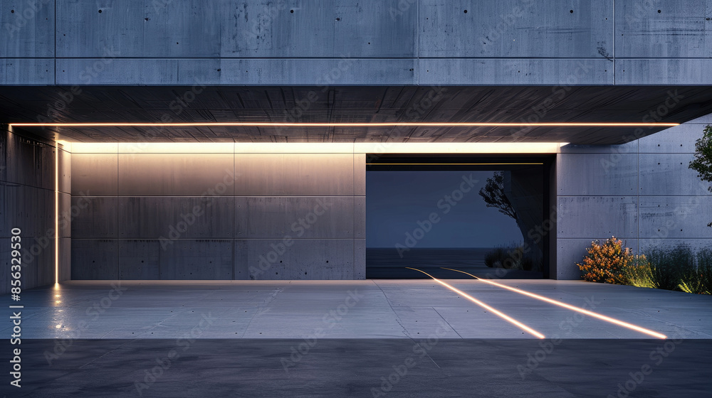 Obraz premium Modern concrete construction with light in summer, futuristic architecture of house at night. Concept of future, building, garage, minimalist design