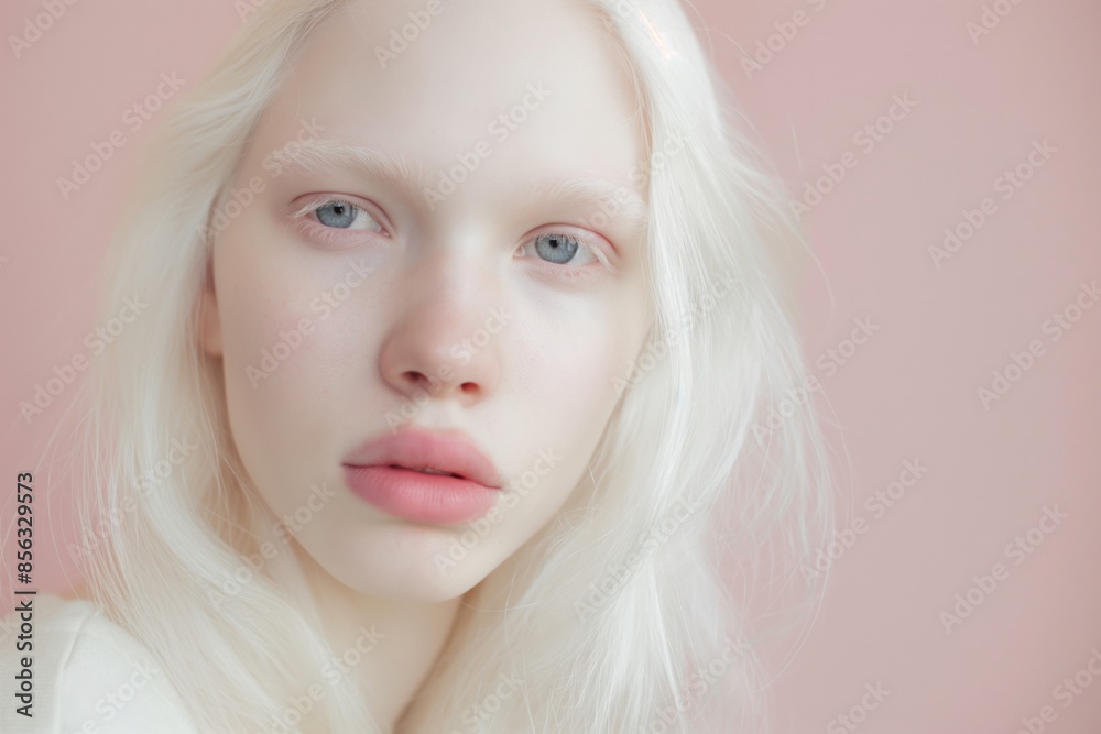 Young woman with albinism and striking blue eyes exudes innocence and purity in a close-up portrait against a pink background, showcasing her unique beauty and individuality