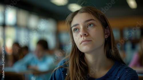 A Focused Young Woman Studies In The University Classroom, Her Face Reflecting Determination And Ambition