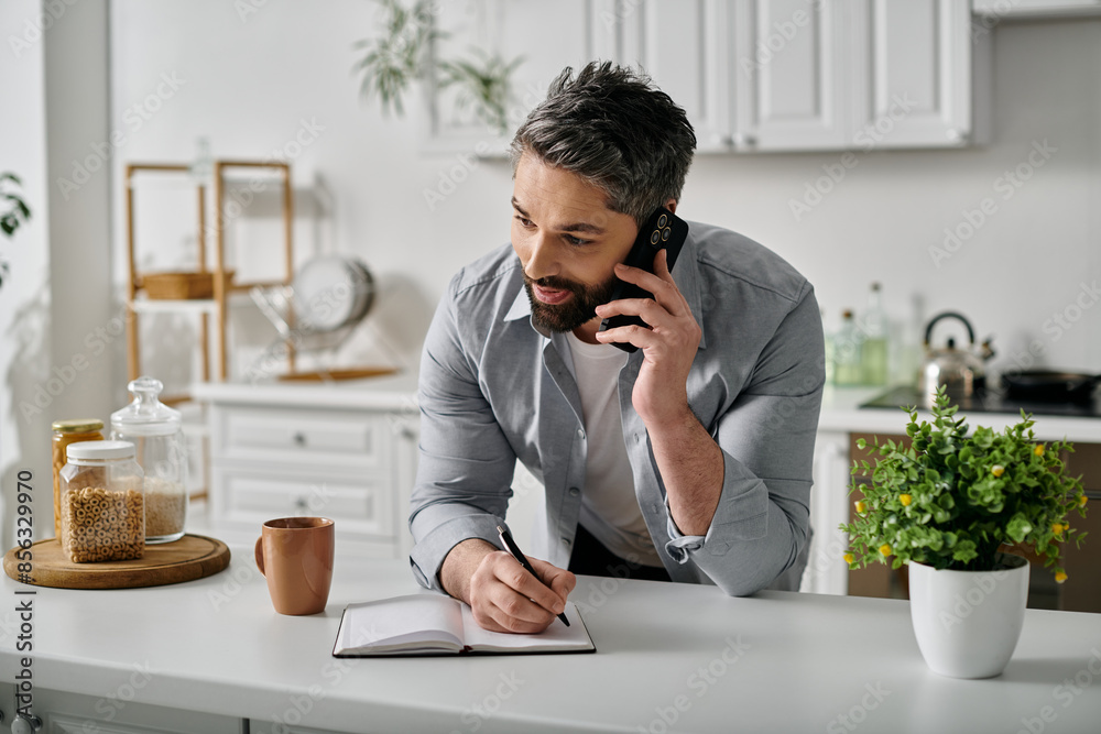 A bearded man in casual attire is talking on the phone while taking notes in a notebook at home. A bearded man in casual attire is talking on the phone while taking notes in a notebook at home.