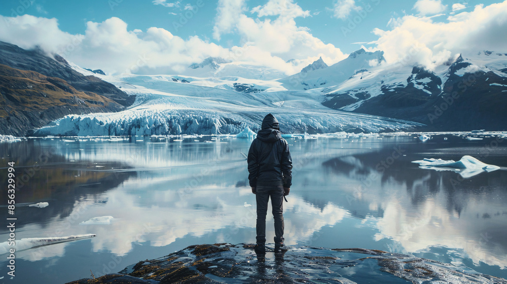 Environmental Crisis: Person Observing Melting Glacier in Remote Landscape, Conceptual Image on Global Warming Impact. Environmental Crisis: Person Observing Melting Glacier in Remote Landscape, Conceptual Image on Global Warming Impact.