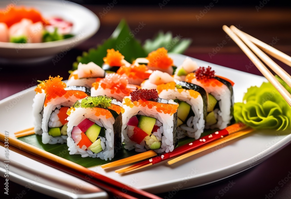 freshly made sushi roll being held wooden chopsticks white plate, japanese, cuisine, asian, traditional, isolated, background, healthy, seafood, rice, raw, freshly made sushi roll being held wooden chopsticks white plate, japanese, cuisine, asian, traditional, isolated, background, healthy, seafood, rice, raw,