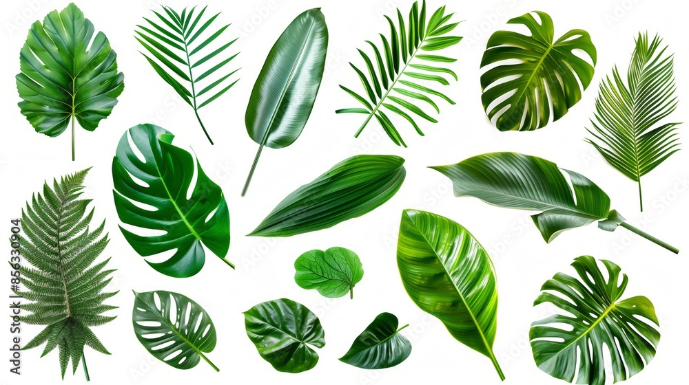 Fresh collection of tropical green leaves isolated on white Fresh collection of tropical green leaves isolated on white