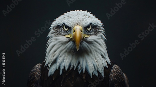Detailed view of the head and beak of an American bald eagle in low light. © Studicon