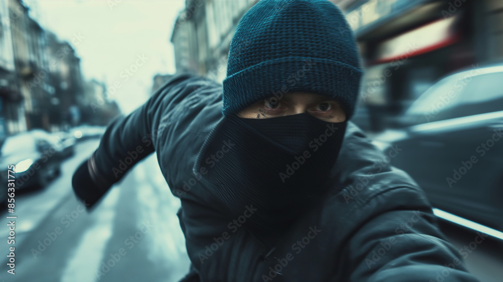 A masked man runs down a city street, his face obscured. Cars and buildings are blurred in the background, suggesting movement and urgency. A masked man runs down a city street, his face obscured. Cars and buildings are blurred in the background, suggesting movement and urgency.