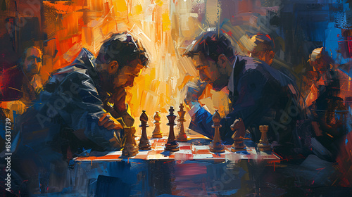 Two Men Playing Chess Intense Focusing on Chess Game Expressonist Oil Painting.