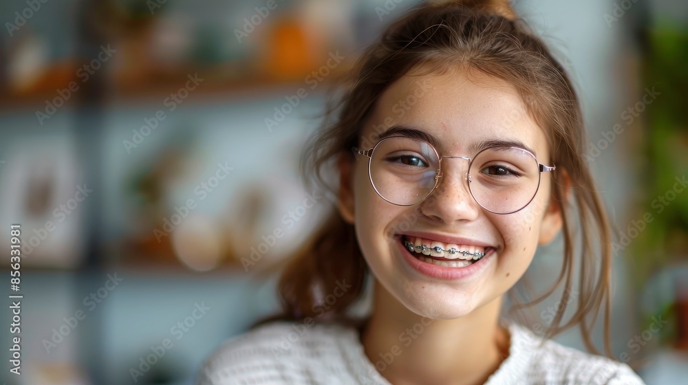 A Happy Teenage Girl With Braces Smiles At The Camera, Her Face Beaming With Confidence A Happy Teenage Girl With Braces Smiles At The Camera, Her Face Beaming With Confidence
