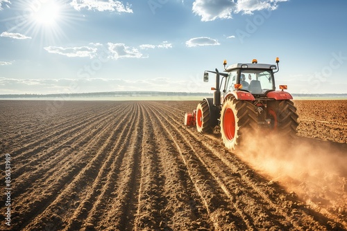 A modern red tractor plows through the farm field, raising dust under the bright sky © gearstd