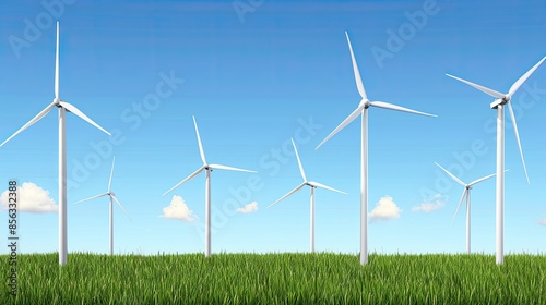 A wide shot of a field with multiple wind turbines generating clean energy on a sunny day with blue skies and white clouds