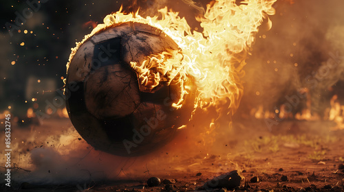 fiery burning ball on the grass, flames on a soccer ball