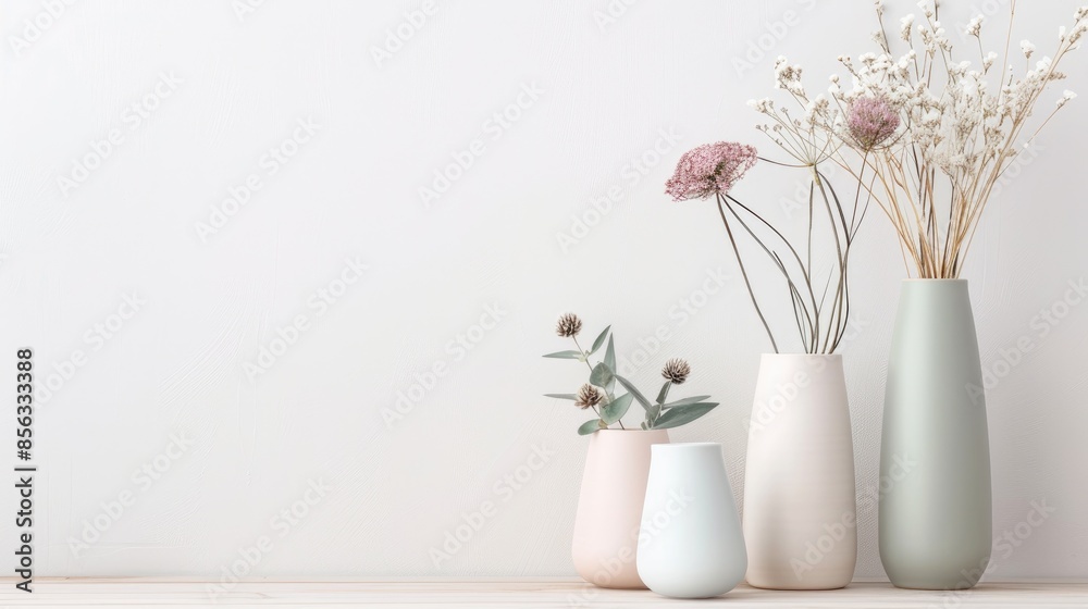 A collection of seven ceramic vases of various shapes, sizes, and colors sit on a white wooden surface, with a bouquet of white daisies in a tall vase in the background A collection of seven ceramic vases of various shapes, sizes, and colors sit on a white wooden surface, with a bouquet of white daisies in a tall vase in the background