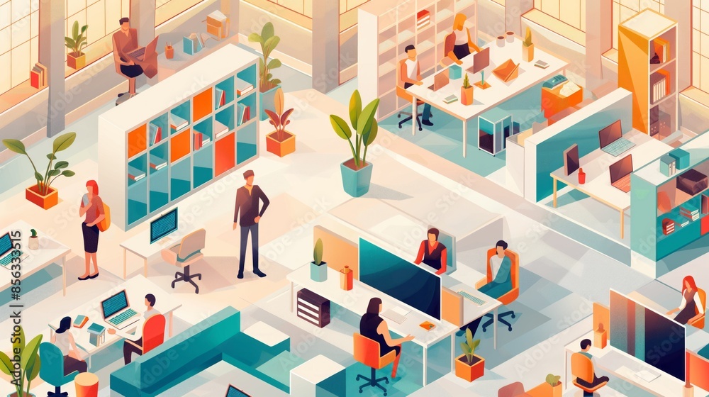 Isometric office space with employees working at computer desks. Isometric office space with employees working at computer desks.