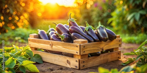 Fresh eggplants in a wooden crate at sunset in a garden, eggplants, fresh, vegetables, wooden crate, sunset, garden photo