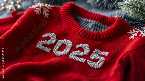 embroidered letters, numbers 2025 on a red woolen New Year's sweater, happy new year banner