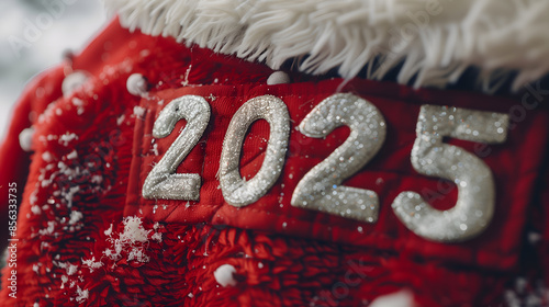 2025 numbers on Santa's red clothes, New Year's mood