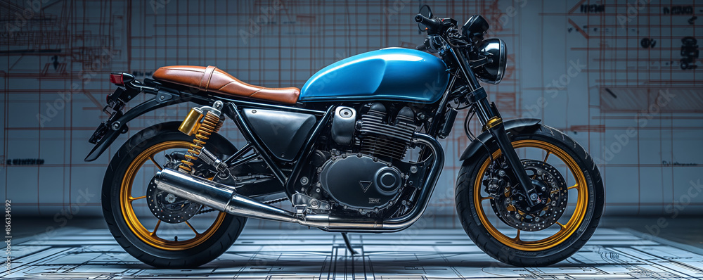 Fototapeta premium A modern blue cafe racer motorcycle is contrasted with complex design blueprints in the background, illustrating the fusion of form and function