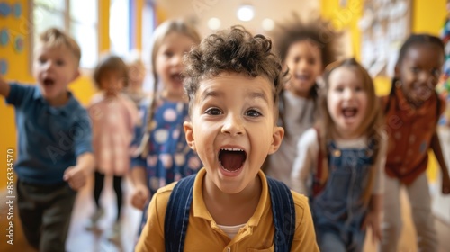 A Multiracial Group Of Children In A Preschool Hallway, Their Faces Filled With Excitement And Curiosity
