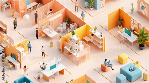 Isometric office space with employees working at computer desks.